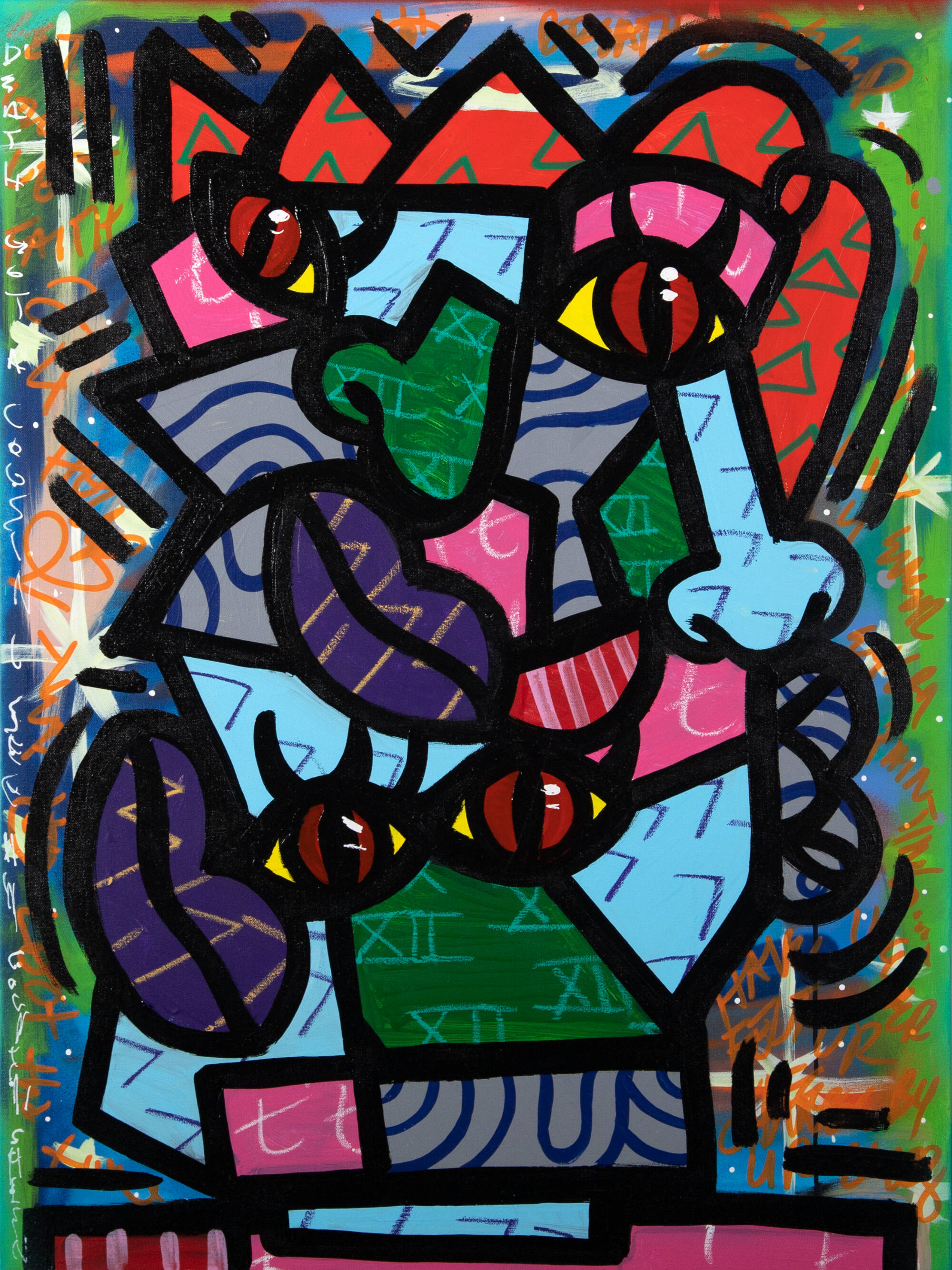 Abstract and colorful painting of a multiple parts of different faces including eyes, noses, and mouths done in a graffiti style.
